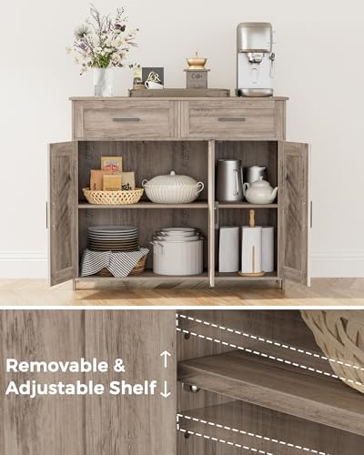 Homhedy Coffee Bar Storage Cabinet with Drawers, Kitchen Buffet Cabinet | Sideboard Cabinet with Doors, Farmhouse Buffet Cabinet, Adjustable Shelves, for Kitchen / Dining / Living Room, Greige - color: Greige