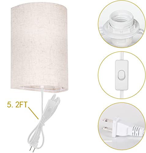AVV Wall Sconces Set of Two, Wall Lamp Plug in with On/Off Switch, 2700K 4000K 5000K Selectable, Wall Lights for Bedroom, Living Room, Wall Decor for Bedroom, Fabric Linen Lamp Shades
