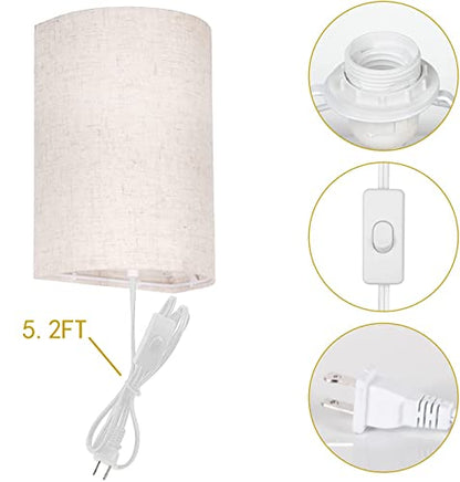 AVV Wall Sconces Set of Two, Wall Lamp Plug in with On/Off Switch, 2700K 4000K 5000K Selectable, Wall Lights for Bedroom, Living Room, Wall Decor for Bedroom, Fabric Linen Lamp Shades