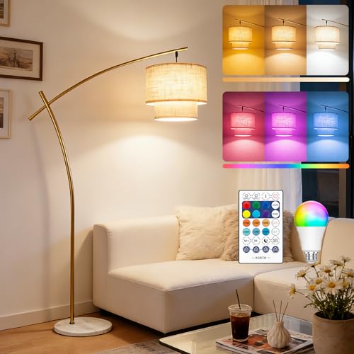 Lightdot Arc RGB Floor Lamp for Living Room, Modern Standing Lamps with Remote Control, Corner Lamp Tall Hanging Pole Lamp with Smart Bulb Included Double Linen Lamp for Bedroom Sofa Beside/Home Decor - color: RGB-Gold