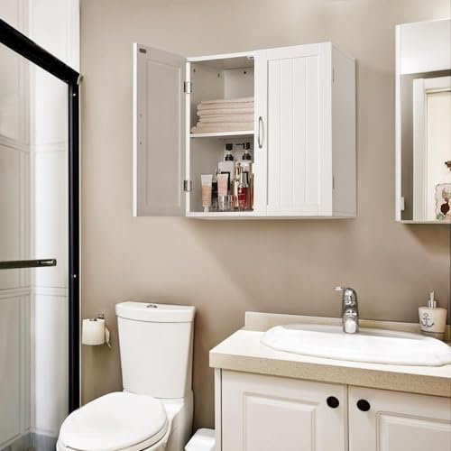 Yaheetech Wall Mounted Bathroom Storage Cabinet with Doors, Laundry, White | 3-Height Adjustable Inner Shelf, Beadboard Panels in Engineered Wood, Frees Up Floor Space over the Toilet or in Kitchens - style: 2 Doors