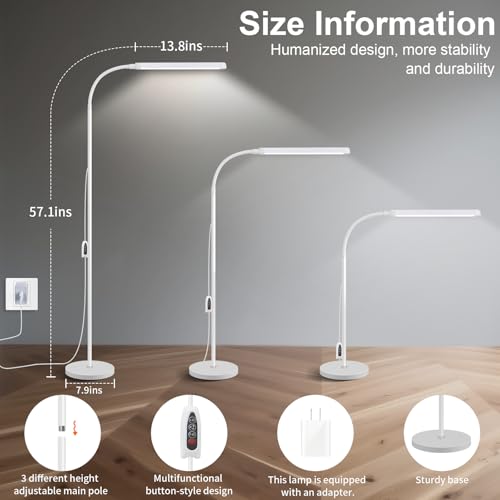 White LED Reading Floor Lamp, Bright 12W Dimmable Standing Light, Adjustable Gooseneck,3 Color Temperatures 5 Gears Brightness, Living Room Bedroom office Library Work makeup tattoo lash Desk Lamp - color: White