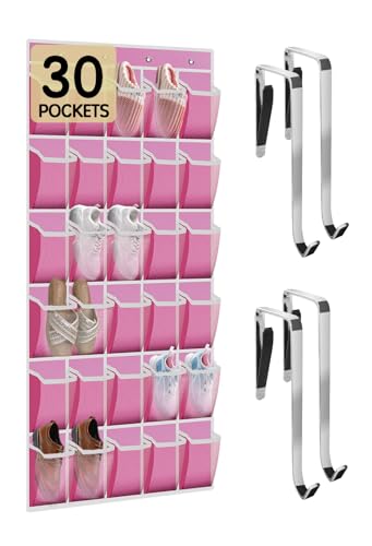 Kotkn Over the Door Shoe Organizer with 30 Breathable Mesh Pockets - Large Capacity Closet Storage for Men & Women, Hanging Shoe Rack Organizer (Pink) - color: Pink