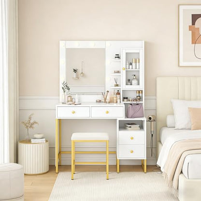 Vanity Desk with Mirror and LED Lights & Power Outlet | Large Makeup Vanity Table with 5 Drawers and 4 Storage Cabinets, White Dressing Table for Bedroom - size: 004 White