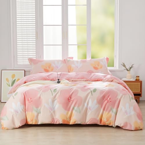 SAPHREAS Pink Floral Duvet Cover Set 2pcs Twin Size Botanical Bedding Comforter Cover Set 100% Cotton 1 Duvet Cover 68"x90" 1 Pillow Sham, Comforter Not Included - color: Clytie, size: Twin (68"x90")