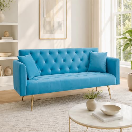 Anwick 72''Modern Velvet Sofa Bed Futon,Convertible Folding Sleeper Couches with 3 Adjustable Backrests,Tufted Recliner Loveseat with Golden Chrome Legs for Living Room Apartment Office (Pale Blue) - color: Pale Blue