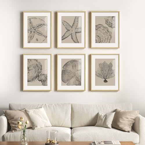 Framed Coastal Wall Art for Living Room, 6 Piece Neutral Black Beige Modern Abstract Prints Artwork, Ocean Coral and Beach Tree Ring Pictures for Bedroom Dining Room Bathroom Wall Decor 11x14 In - color: Coastal & Tree Ring