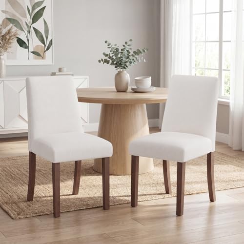 Fabric Upholstered Dining Chairs Set of 2, Parsons Chairs for Small Space | Mid Century Dining Room Chairs with Wooden Legs for Restaurant & Cafe, Light Beige - color: Light Beige, size: Set of 2