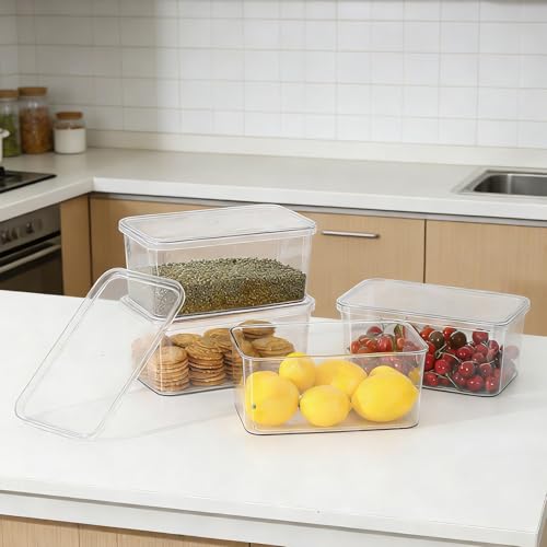 Clear Storage Bins with Lids 4 Packs, Stackable Transparent Storage Containers, Food Grade Fridge Kitchen Cabinet Organizer, Storage Boxes for Fruits , Bathroom and Pantry Organization (4 Small) - size: 4 Small