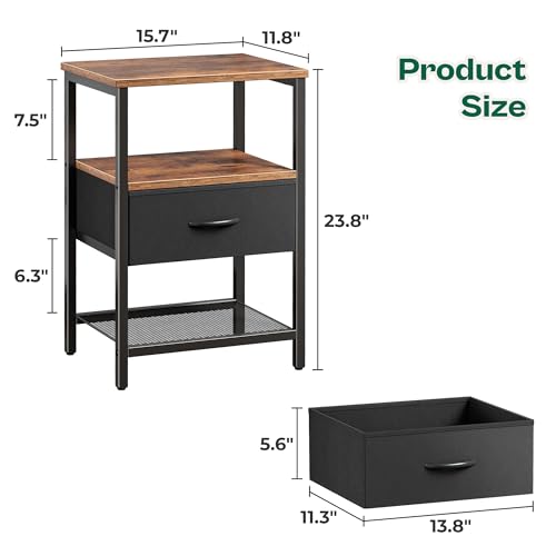 Huuger Night Stand with Fabric Drawer, Side Table with Mesh Shelf, Bedroom Nightstand, Fabric Drawer Dresser, Open Shelf, Metal Frame, Couch Side, Rustic Brown and Black | Bedroom Nightstand, Fabric Drawer Dresser, Open Shelf, Metal Frame, Couch Side, Rus