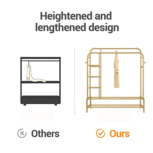 JOISCOPE Double Rods Portable Garment Rack for Hanging clothes, 49.4 * 64.5 Inch Metal Clothing Rack with Bottom Shelves and 4 Hooks,Freestanding Clothes Rack for Bedroom,Space Saving, Gold