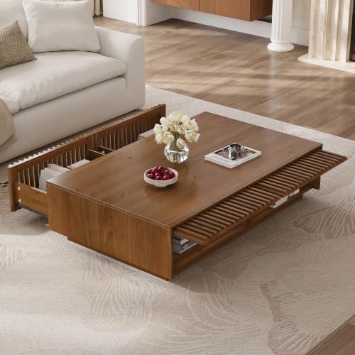 47.2" Solid Wood Coffee Table with Storage Drawers, Walnut | Rectangular Center Table, Low Profile Wooden Cocktail Table, Mid Century Farmhouse Tea Table, for Living Room - color: 47.2" Solid Wood Coffee Table, Walnut