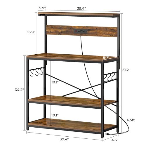 SUPERJARE Bakers Rack with Power Outlets, Microwave Stand, 39.4 X 14.3 Inch Larger Desktop, Kitchen Storage Rack with Adjustable Middle Shelf, 6 S-Shaped Hooks, Coffee Bar Stand, Rustic Brown - color: Rustic Brown, size: 39.4inch