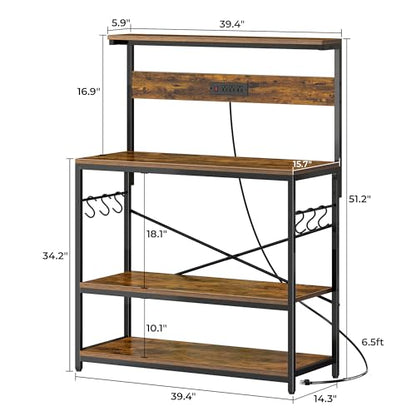 SUPERJARE Bakers Rack with Power Outlets, Microwave Stand, 39.4 X 14.3 Inch Larger Desktop, Kitchen Storage Rack with Adjustable Middle Shelf, 6 S-Shaped Hooks, Coffee Bar Stand, Rustic Brown - color: Rustic Brown, size: 39.4inch