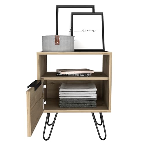 Tuhome Augusta Nightstand, Small Night Stand with Storage Drawer & Open Shelf, 22.2" Tall Narrow Bedside Table on Metal Hairpin Legs, Engineered Wood, Black or Light Oak - color: Light Oak