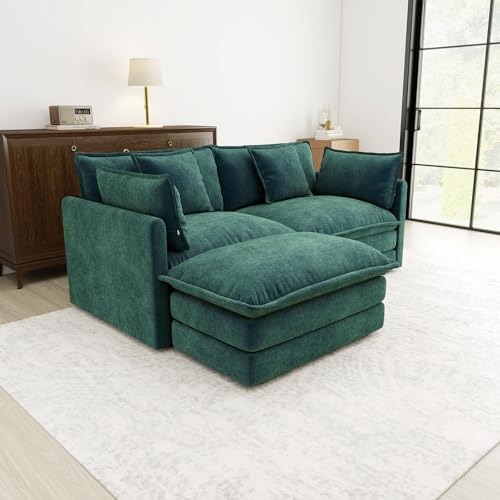 76.7” Oversized Green Loveseat Sofa, 2 Seater Large Sectional Couches for Living Room, Chenille Fabric Modular Sectional Sofa with 1 Ottoman, Deep Seat Home Sofas Set, Love Seat Couches - color: Green, size: 2 Seater + 1 Ottoman