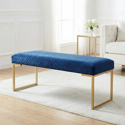 Cortesi Home Claymore Large Ottoman Bench with Painted Gold Legs, Blue Velvet, 48"