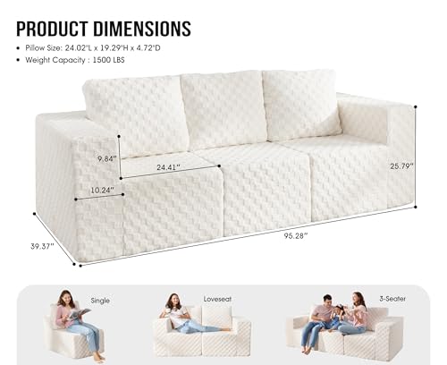 Hobestluk 3 Seater Modular Couch with Deep Seat Oversized Sectional Sofa | PLUSH WHITE,3-Seater,Cozy Fabric,Memory Foam,No Assembly,Cloud Chair,With Pillows,For Livingroom,Free Combination - color: Snow White, size: 3-Seater