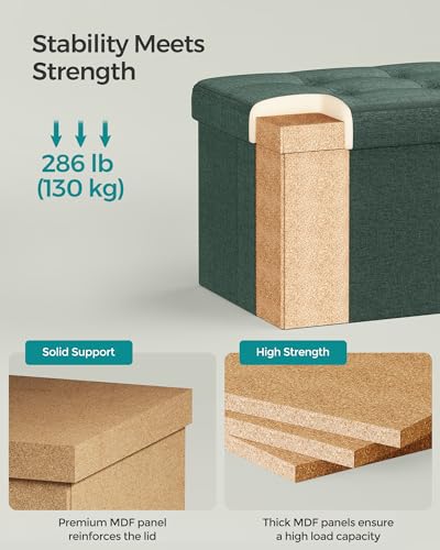 SONGMICS Mazie Collection - Small Folding Storage Ottoman, Foot Rest Stool, 12.2 x 16.1 x 12.2 Inches, 286 lb Load Capacity, for Living Room, Bedroom, Home Office, Dorm, Retro Green ULSF102C01 | Foot Rest Stool, 286.6 lb Load Capacity, Forest Green, MINOT