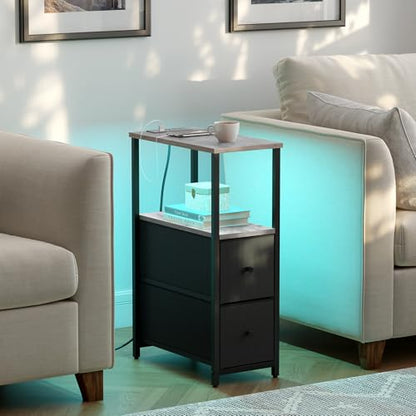 TUTOTAK Narrow LED End Table with Charging Station, Skinny Side Table | Bedside Table with Outlets, Nightstand with 2 Cloth Drawers, Couch Table for Living Room, Bedroom, Greig TB01BG056 - color: Greige, style: 2 Drawers with Plug & Light