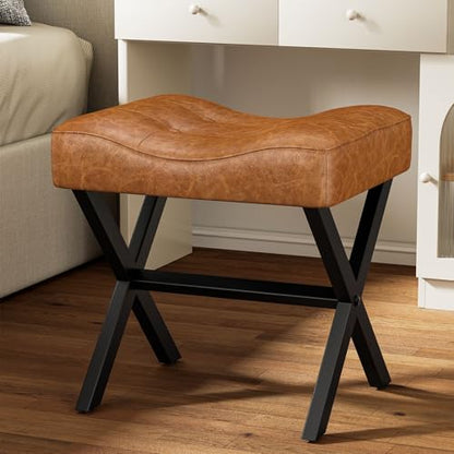 18-Inch Large Leather Vanity Stool Chair, Brown Makeup Stool | Vanity Bench, Metal X-Leg, 350 LBS, 20"x16.9"x18", Ottoman Accent Stool, Thick Padded Saddle Seat, For Living Room Bedroom - size: Large, style: Brown Leather
