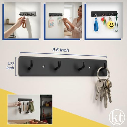 Key Holder Wall Mount Key Rack, Hanging Keys Hanger Hooks for Wall-Mounted Black Rail with 4 Hooks Storage Organizer Home Decor, Self Adhesive no Drill or Screws