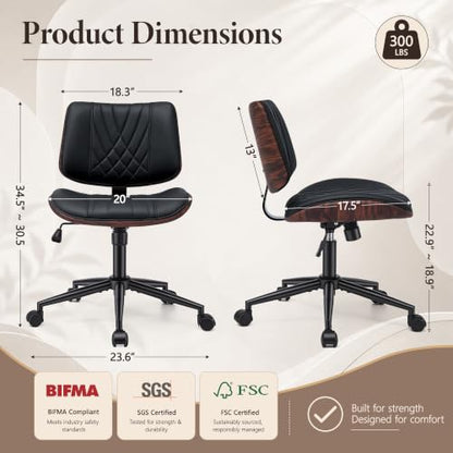 Armless Office Chair, Small Comfy Leather Desk Chair with Wheels | PU Leather, Adjustable Height, Swivel Rolling, Mid Back Computer Chair, Home Bedroom Meeting Room, Black - color: Black