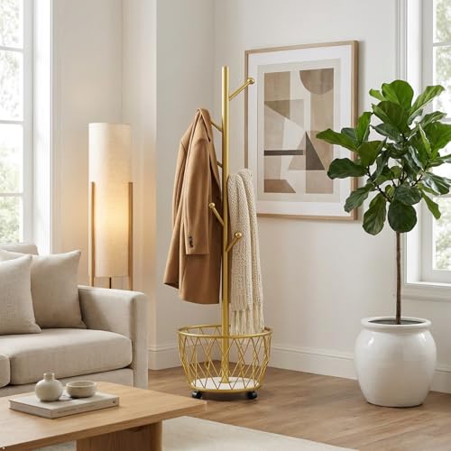 Gold Moveable Tree Metal Coat Rack with Basket Freestanding 65" | Organizer for Scarf Jacket Hat Bags Ideal for Home Entryway Bedroom Corner Stable - color: gold