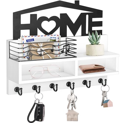 VIS'V Key Holder Wall Mount, Decorative Wood Mail and Key Organizer, White | Contains Iron Storage Basket, Small Shelf, 2 Compartments, 6 Hooks, for Entryway, Hallway, Doorway, Kitchen, Garage, RV - color: White