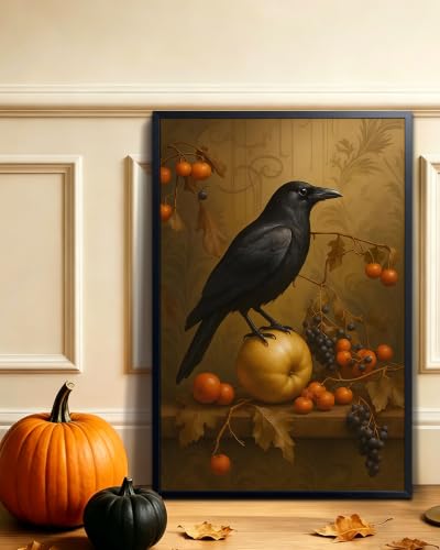 REZFGU Halloween Crow Wall Art Canvas Framed Poster Painting Print Picture, Dark Academia Raven Bird Gothic Still Life, Vintage Black Bird with Fruit Fall Art Decor for Living Room Bedroom 16x24 Inch - color: A-Crow, size: 24"L x 16"W