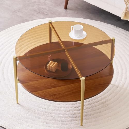 LumFurn Round Coffee Table, Mid-Century Modern Design, D30 x H17, for Living Room, 2-Tier Structure, Amber Glass Top and Walnut MDF Shelf, Sleek Conical Metal Legs with Gold Finish - color: D30" Amber & Walnut