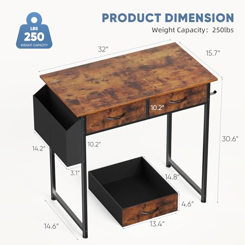 DUMOS 32-Inch Small Computer Desk with Drawers and Hook, Brown | Home Office Desk for Bedroom, Gaming Writing Study Desk with Adjustable Feet - color: Brown, size: 32-In