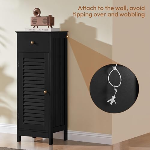 Yaheetech Small Bathroom Storage Cabinet with Drawer & Louvered Door, Black | Slim Free Standing Floor Cabinet Organizer by a Pedestal Sink or Toilet, Hides Tissue and Towels, Shelf inside, MDF Build