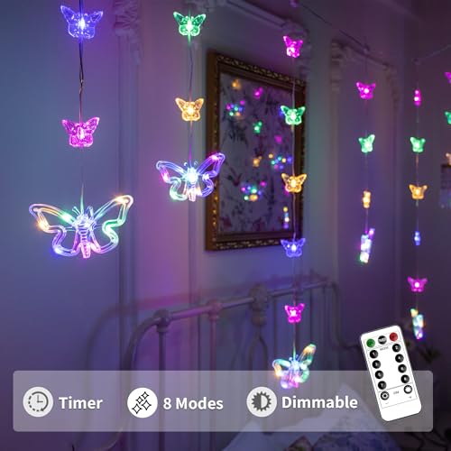 YOLIGHT Butterfly Curtain Lights for Bedroom 9.8ft LED Twinkle Fairy Light with Remote Timer Cute String Lights Wall Décor for Kids Girls Room Bed Canopy Wedding Easter Decoration (Multicolor) - color: Multicolor