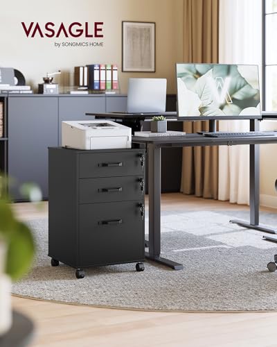 VASAGLE 3-Drawer Mobile File Cabinet, Home Office, Locking, Printer Stand | Highlight: Small Rolling, A4, Letter-Size Hanging File Folders, Ink Black, CUSTOS Collection UOFC084BC01SV1 - color: Ink Black, size: 3 Drawers with Lock