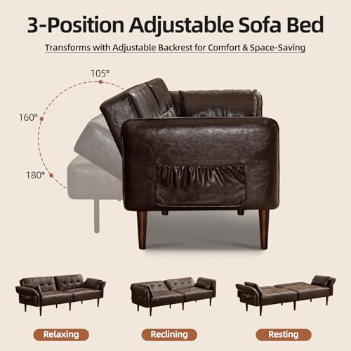 HALLYBEE 85" Futon Faux Leather Couch with Adjustable Armrests Coffee Brown | Futon Sofa Bed, Sleeper Sofa, Small Couch with Pillows, Side Pockets, Mid Century Modern, Living Room, Bedroom, Apartment - color: Coffee Brown