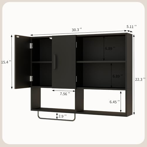 Bathroom Wall Cabinet with Towel Bar & 2 Doors, Black - color: Black
