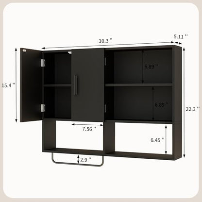Bathroom Wall Cabinet with Towel Bar & 2 Doors, Black - color: Black