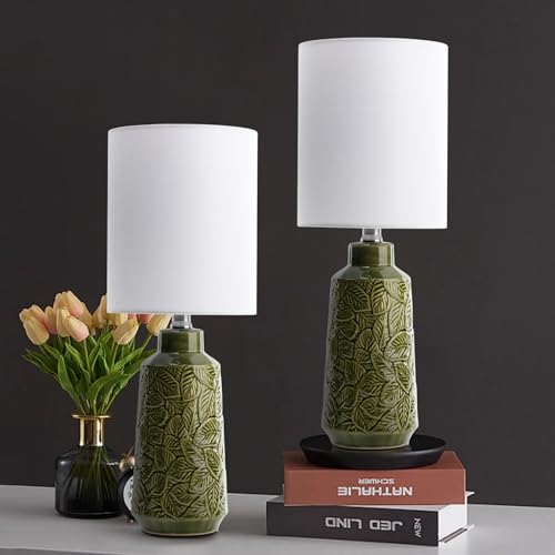 17.75" Green Ceramic Lamps Set of 2 with Leaves Design, Small Table Lamps | Green Table Lamps, Leaf-Patterns Ceramic Lamp, Retro Small Lamp for Living Room, Bedroom, Green Lamps for Nightstand Set of 2