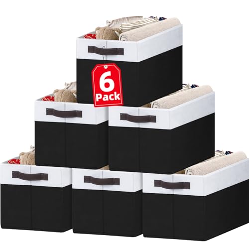 6 Pack Closet Organizers and Storage Bins, Cute Dorm Room Essentials for Clothes Beddings Bags, Under Bed Storage Containers, Apartment Essentials Baskets for Organizing (14L*10W*9.5H) - color: White with Black, size: 6pcs - Rectangular 14"x10"x9.5"