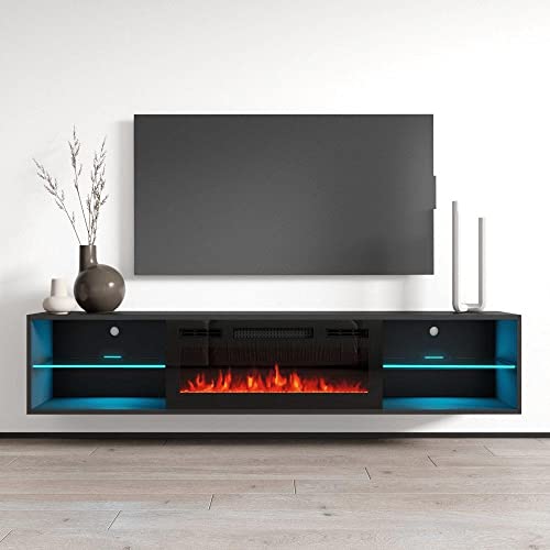 Meble Furniture Lima EF Floating Fireplace TV Stand — Wall Mounted Electric Fireplace Media Console — Matte Finish, 72 inches — Black