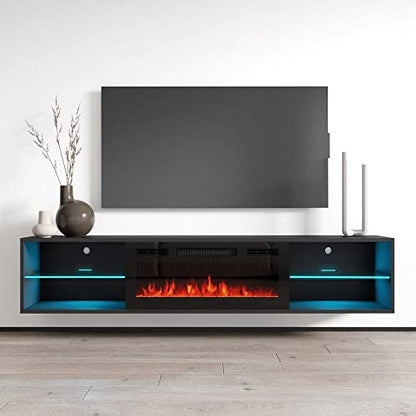 Meble Furniture Lima EF Floating Fireplace TV Stand — Wall Mounted Electric Fireplace Media Console — Matte Finish, 72 inches — Black