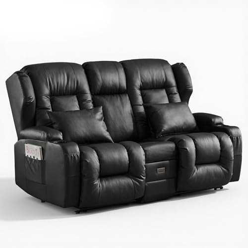 Loveseat Recliner Sofa,RV Wall Hugger Recliners with Flip-up Console,Reclining Loveseat Sofa Recliner with Cup Holders/Lumbar Pillows for Small Spaces,RV Furniture (Black,68" 2-Seater) - color: Black, size: 68" 2-Seater