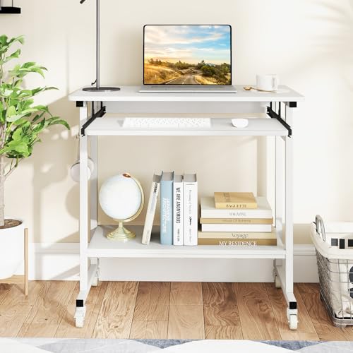 GIANTEX Rolling Computer Desk, Mobile Portable Desk with Keyboard Tray & Wheels, Laptop PC Table Cart with Shelf & Hooks, Industrial Small Desk for Small Spaces, Home Office, Bedroom, White - color: White