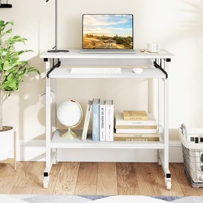 GIANTEX Rolling Computer Desk, Mobile Portable Desk with Keyboard Tray & Wheels, Laptop PC Table Cart with Shelf & Hooks, Industrial Small Desk for Small Spaces, Home Office, Bedroom, White - color: White