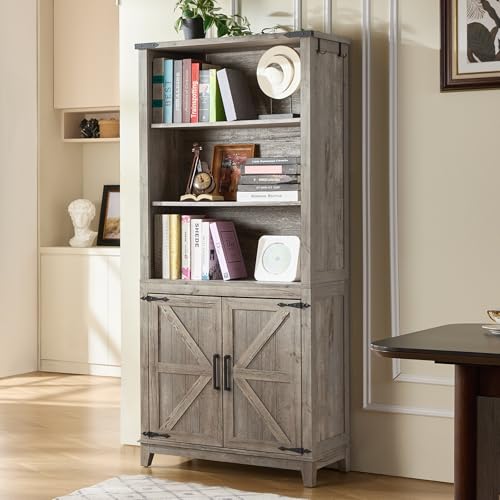 Joaxswe 5 Tier Bookshelf 70in Tall Bookcase with Barn Doors and Storage Cabinet, Grey Farmhouse Book Shelf with Adjustable Shelves, Wood Freestanding Display Bookshelves for Bedroom, Kitchen (3 PCS) - color: Grey, size: 3 Piece