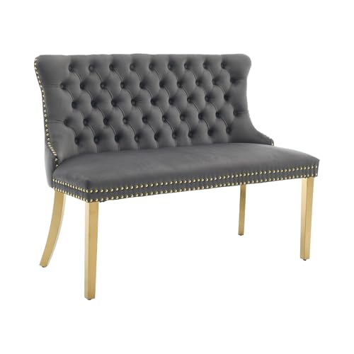 Grey Velvet Dining Bench with Back, Tufted Banquette Seating, Gold Legs | Upholstered loveseat bench; tufted back; nailhead trim; 500 lb capacity; foam and spring seat; dining room or entryway - color: Grey(gold Stainless Steel Legs)