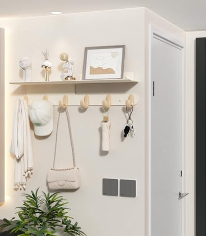 Wall Hooks with 22'' Shelf Coat Rack Wall Mount with 6 Hooks Entryway Hanging Shelf with Storage for Bathroom, Living Room, Bedroom, Modern Floating Wall Shelves with Hooks (Cream White)