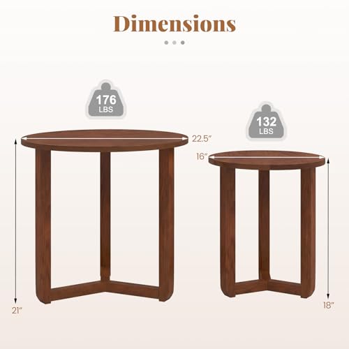 GIANTEX Round Nesting Coffee Table Set of 2, Wood End Tables, Walnut | Thickened Top & Solid Rubber Wood Legs, Farmhouse Sofa Side Table for Small Spaces Living Room Bedroom - color: Walnut
