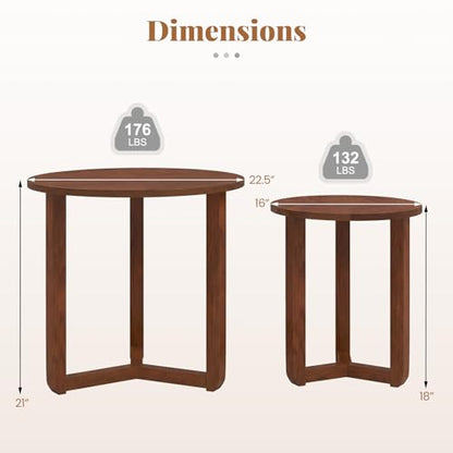 GIANTEX Round Nesting Coffee Table Set of 2, Wood End Tables, Walnut | Thickened Top & Solid Rubber Wood Legs, Farmhouse Sofa Side Table for Small Spaces Living Room Bedroom - color: Walnut